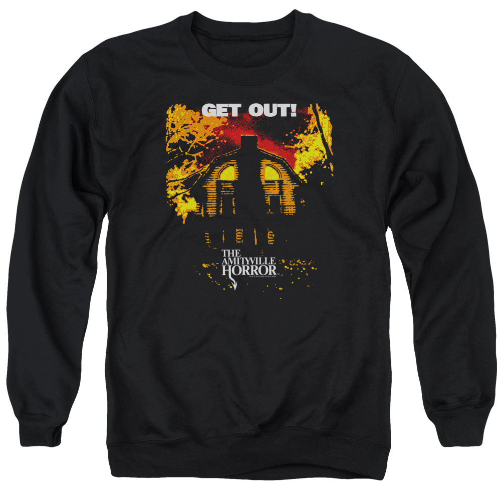 AN OFFCIALLY LICENSED AMITYVILLE HORROR GET OUT ADULT UNISEX CREWNECK SWEATSHIRT BLACK