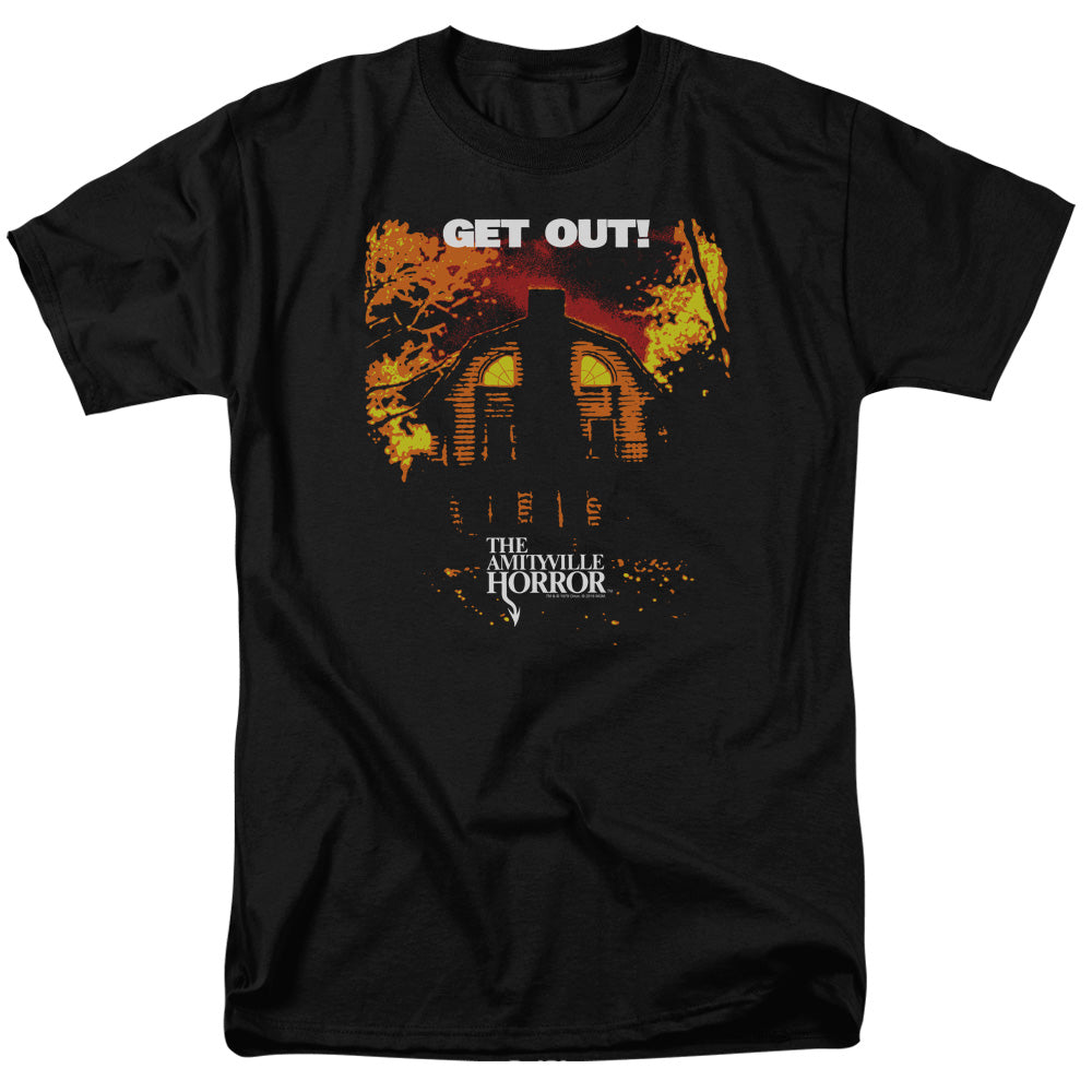 AN OFFCIALLY LICENSED AMITYVILLE HORROR GET OUT MEN'S REGULAR FIT T-SHIRT BLACK