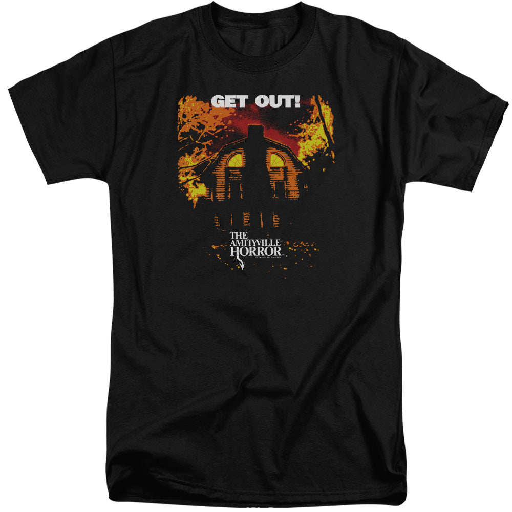 AN OFFCIALLY LICENSED AMITYVILLE HORROR GET OUT MEN'S TALL FIT T-SHIRT BLACK