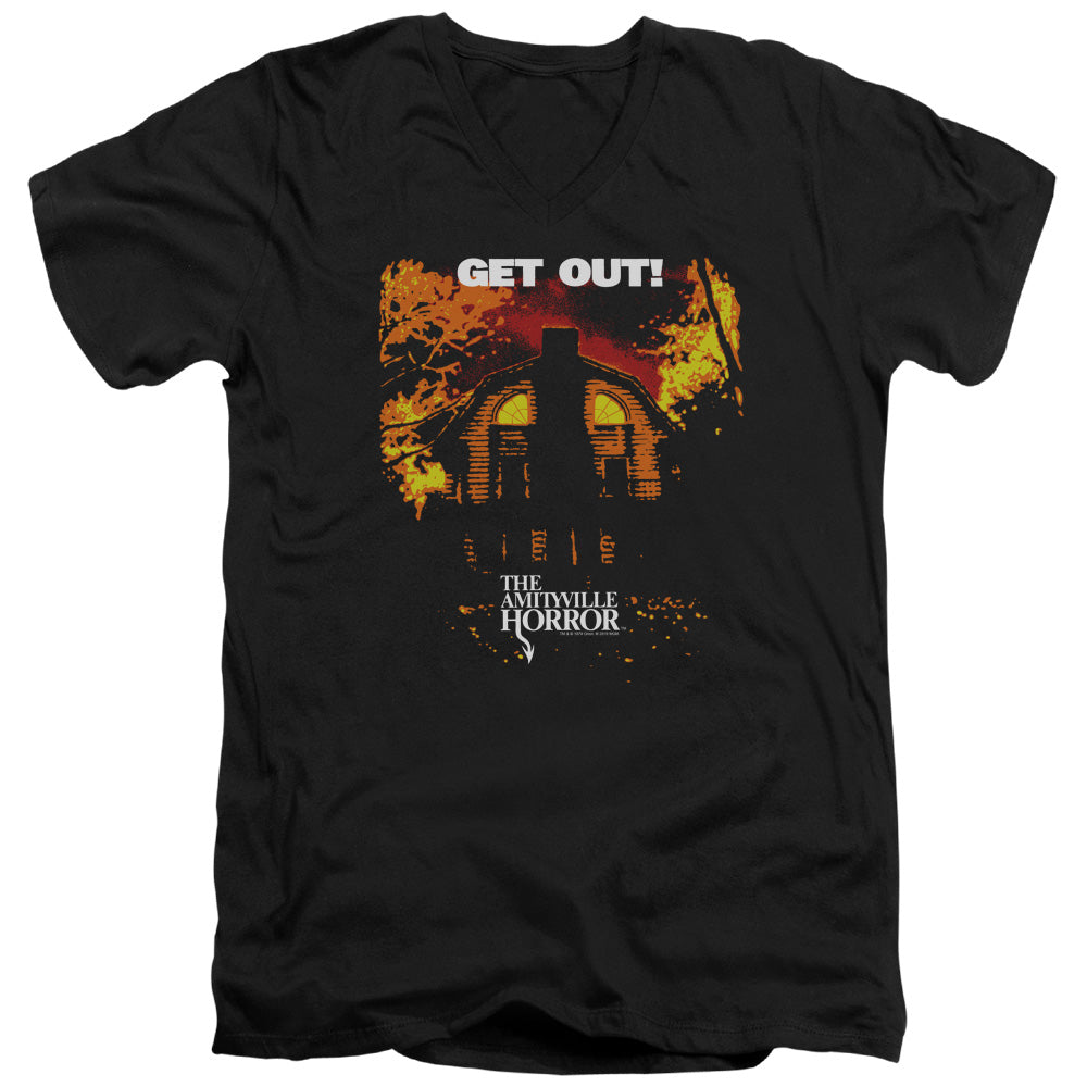 AN OFFCIALLY LICENSED AMITYVILLE HORROR GET OUT MEN'S V-NECK T-SHIRT BLACK