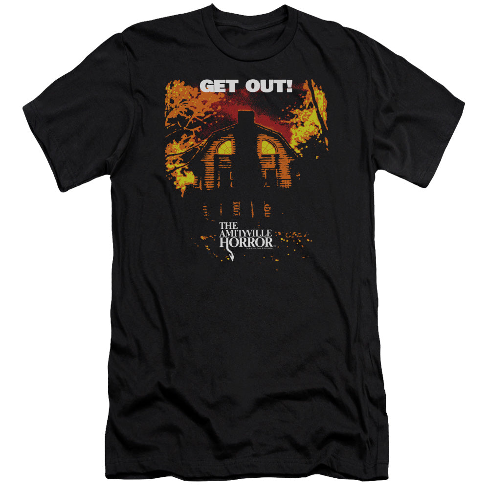 AN OFFCIALLY LICENSED AMITYVILLE HORROR GET OUT MEN'S PREMIUM SLIM FIT T-SHIRT BLACK
