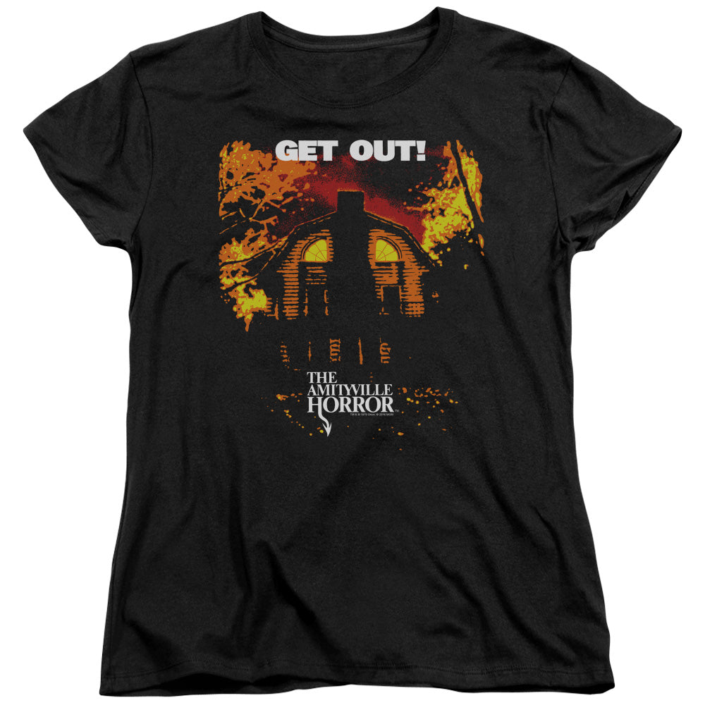 AN OFFCIALLY LICENSED AMITYVILLE HORROR GET OUT WOMEN'S REGULAR FIT T-SHIRT BLACK