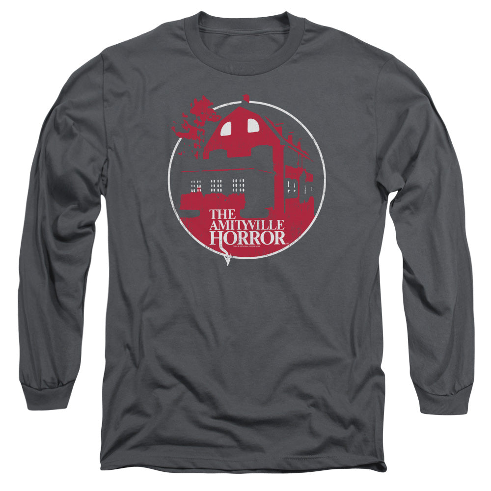 AN OFFCIALLY LICENSED AMITYVILLE HORROR RED HOUSE MEN'S LONG SLEEVE T-SHIRT CHARCOAL