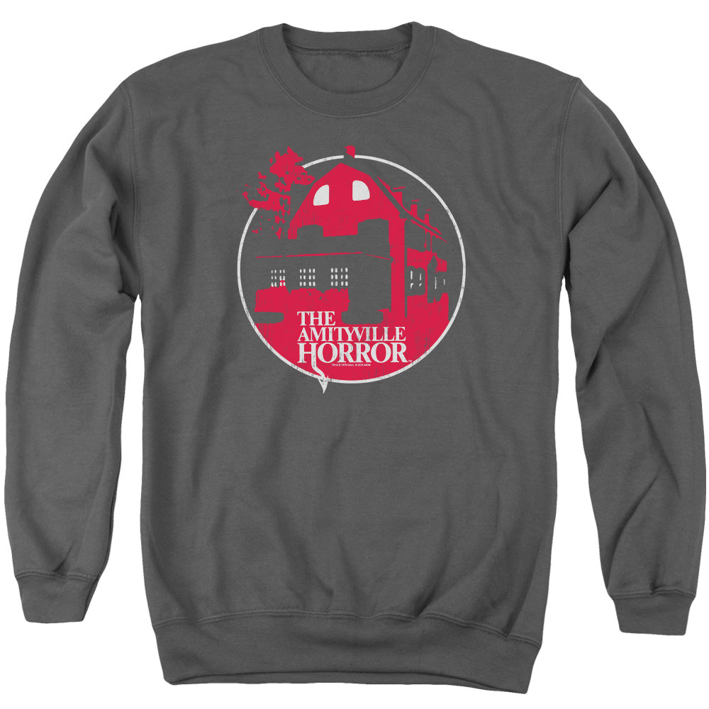 AN OFFCIALLY LICENSED AMITYVILLE HORROR RED HOUSE ADULT UNISEX CREWNECK SWEATSHIRT CHARCOAL