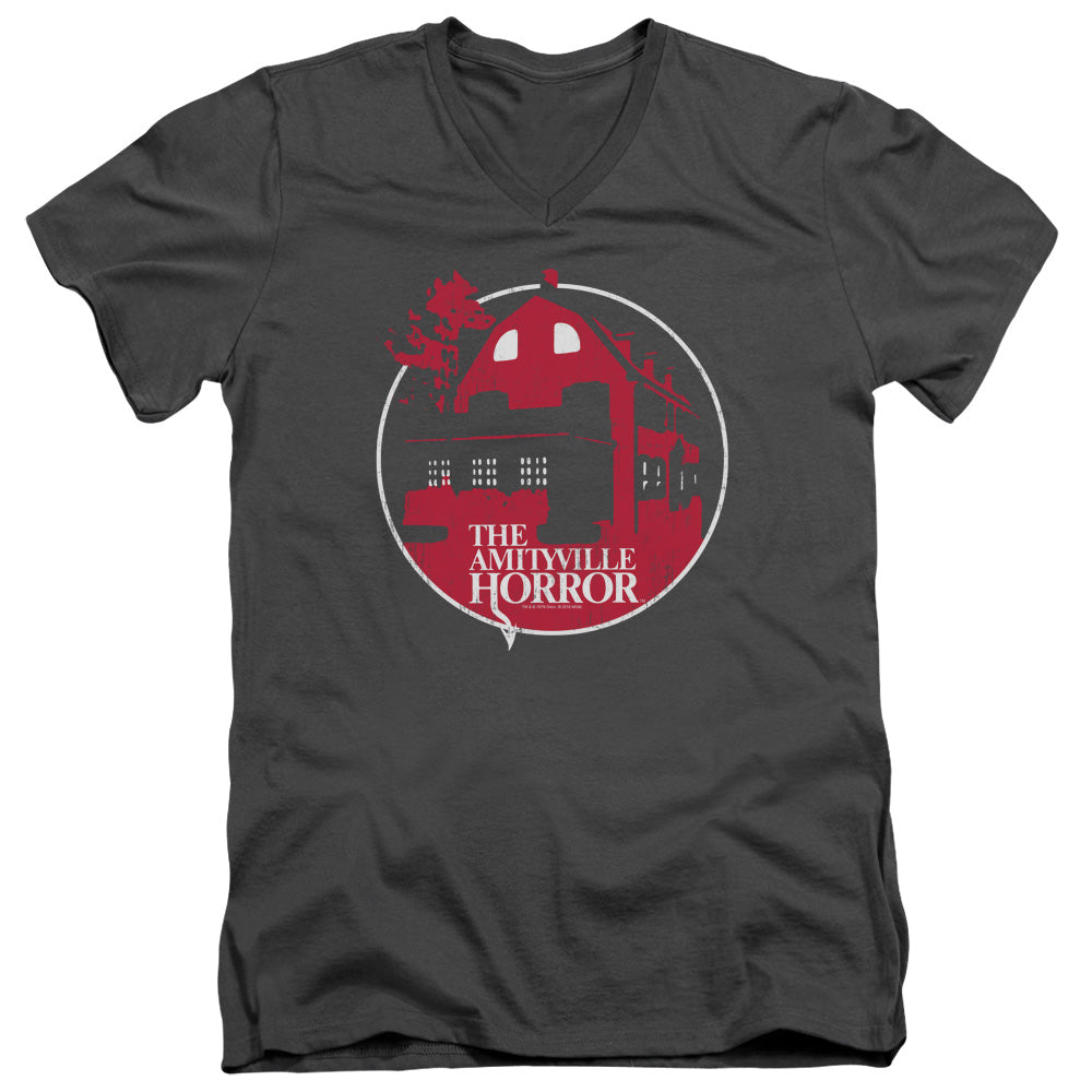 AN OFFCIALLY LICENSED AMITYVILLE HORROR RED HOUSE MEN'S V-NECK T-SHIRT CHARCOAL
