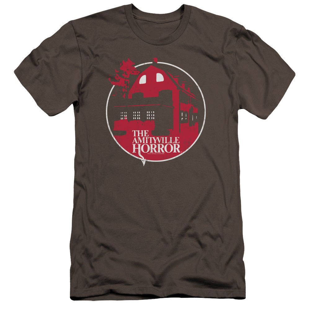 AN OFFCIALLY LICENSED AMITYVILLE HORROR RED HOUSE MEN'S PREMIUM SLIM FIT T-SHIRT CHARCOAL