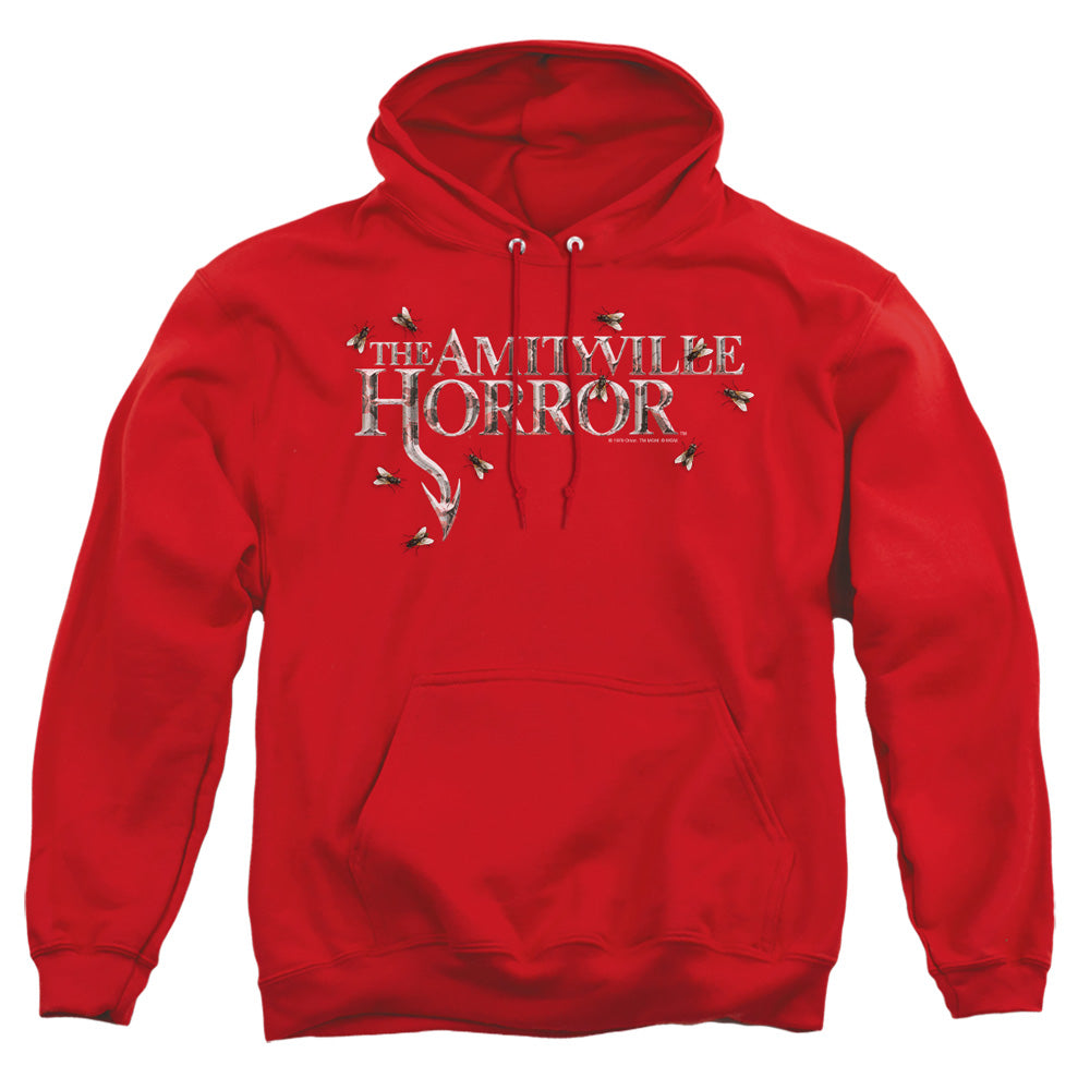 AN OFFCIALLY LICENSED AMITYVILLE HORROR FLIES ADULT UNISEX PULLOVER HOODIE RED