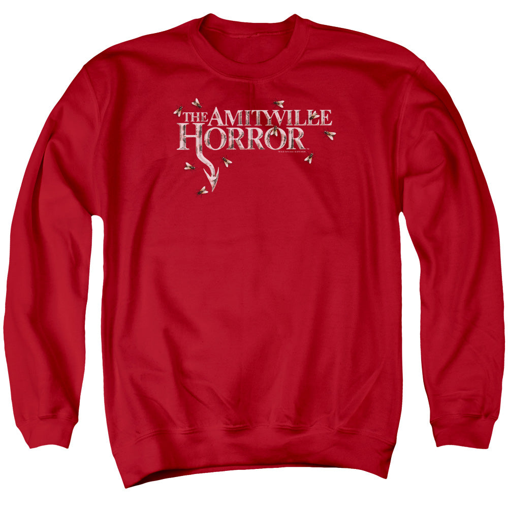 AN OFFCIALLY LICENSED AMITYVILLE HORROR FLIES ADULT UNISEX CREWNECK SWEATSHIRT RED