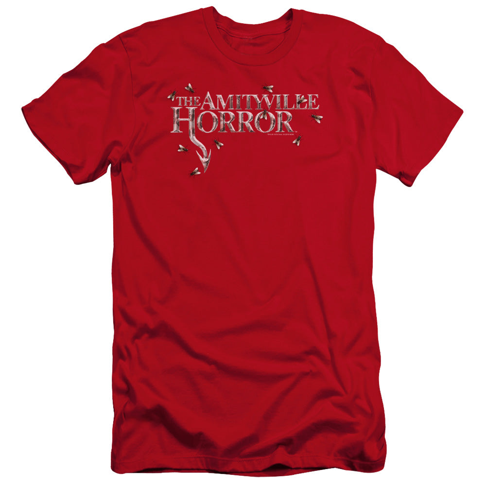 AN OFFCIALLY LICENSED AMITYVILLE HORROR FLIES MEN'S PREMIUM SLIM FIT T-SHIRT RED