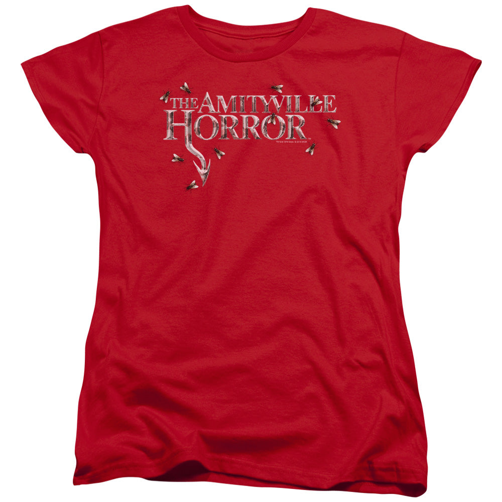 AN OFFCIALLY LICENSED AMITYVILLE HORROR FLIES WOMEN'S REGULAR FIT T-SHIRT RED