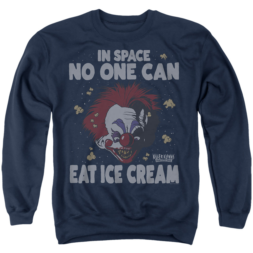 AN OFFCIALLY LICENSED KILLER KLOWNS FROM OUTER SPACE - CLOWN NO ONE CAN EAT ICE CREAM ADULT UNISEX CREWNECK SWEATSHIRT NAVY