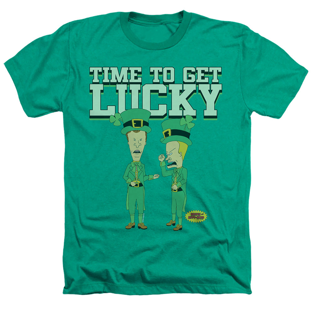 AN OFFCIALLY LICENSED BEAVIS AND BUTTHEAD ST. PATRICK'S DAY GETTING LUCKY MEN'S HEATHER T-SHIRT KELLY GREEN
