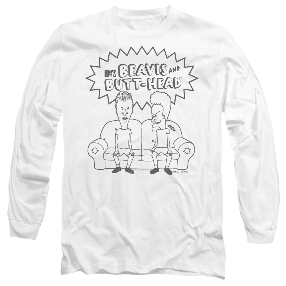 AN OFFCIALLY LICENSED BEAVIS AND BUTTHEAD COUCH LOGO MEN'S LONG SLEEVE T-SHIRT WHITE