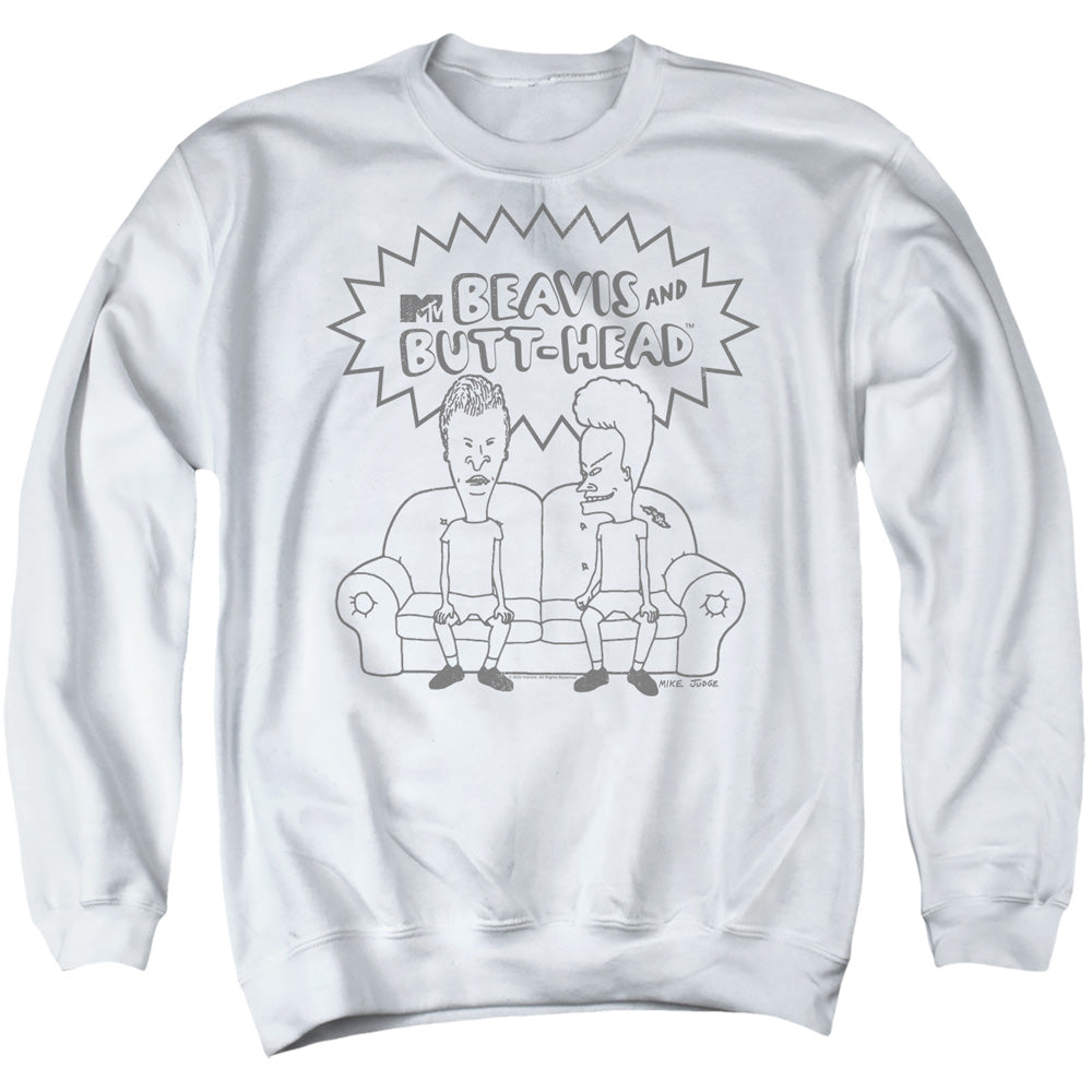 AN OFFCIALLY LICENSED BEAVIS AND BUTTHEAD COUCH LOGO ADULT UNISEX CREWNECK SWEATSHIRT WHITE