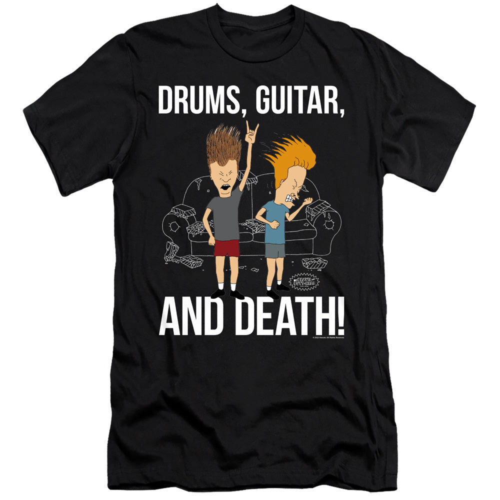 AN OFFCIALLY LICENSED BEAVIS AND BUTTHEAD DRUMS, GUITAR, AND DEATH MEN'S PREMIUM SLIM FIT T-SHIRT BLACK