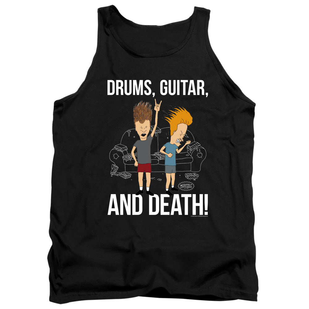 AN OFFCIALLY LICENSED BEAVIS AND BUTTHEAD DRUMS, GUITAR, AND DEATH ADULT UNISEX TANK TOP BLACK