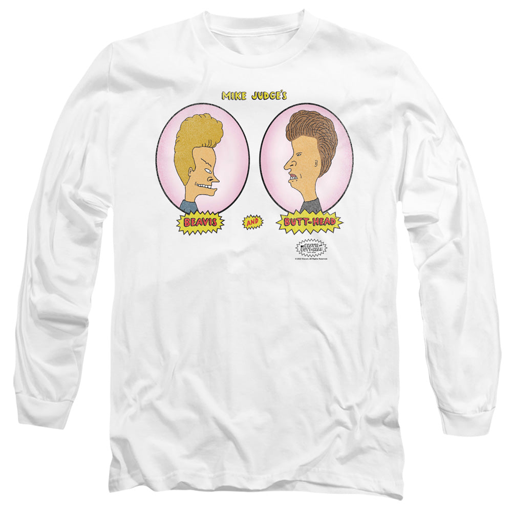 AN OFFCIALLY LICENSED BEAVIS AND BUTTHEAD HEADS IN OVALS MEN'S LONG SLEEVE T-SHIRT WHITE