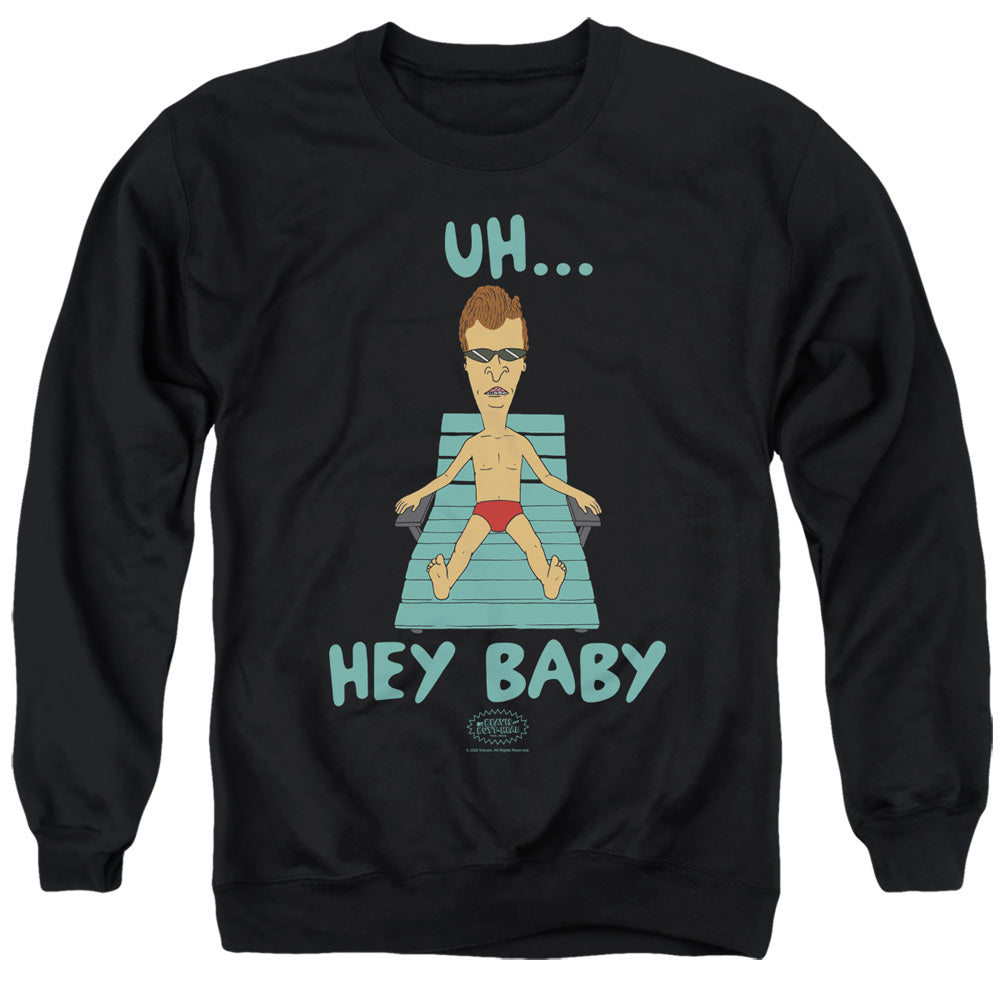AN OFFCIALLY LICENSED BEAVIS AND BUTTHEAD UH HEY BABY ADULT UNISEX CREWNECK SWEATSHIRT BLACK