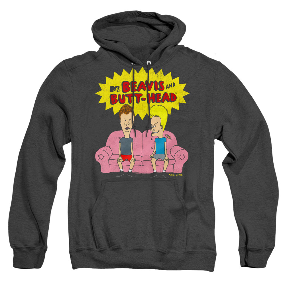 AN OFFCIALLY LICENSED BEAVIS AND BUTTHEAD COUCH LOGO OG ADULT UNISEX HEATHER PULLOVER HOODIE BLACK