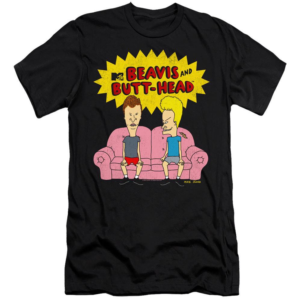 AN OFFCIALLY LICENSED BEAVIS AND BUTTHEAD COUCH LOGO OG MEN'S PREMIUM SLIM FIT T-SHIRT BLACK