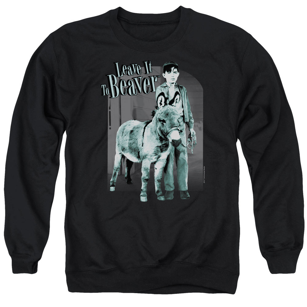 AN OFFCIALLY LICENSED LEAVE IT TO BEAVER UP TO SOMETHING ADULT UNISEX CREWNECK SWEATSHIRT BLACK