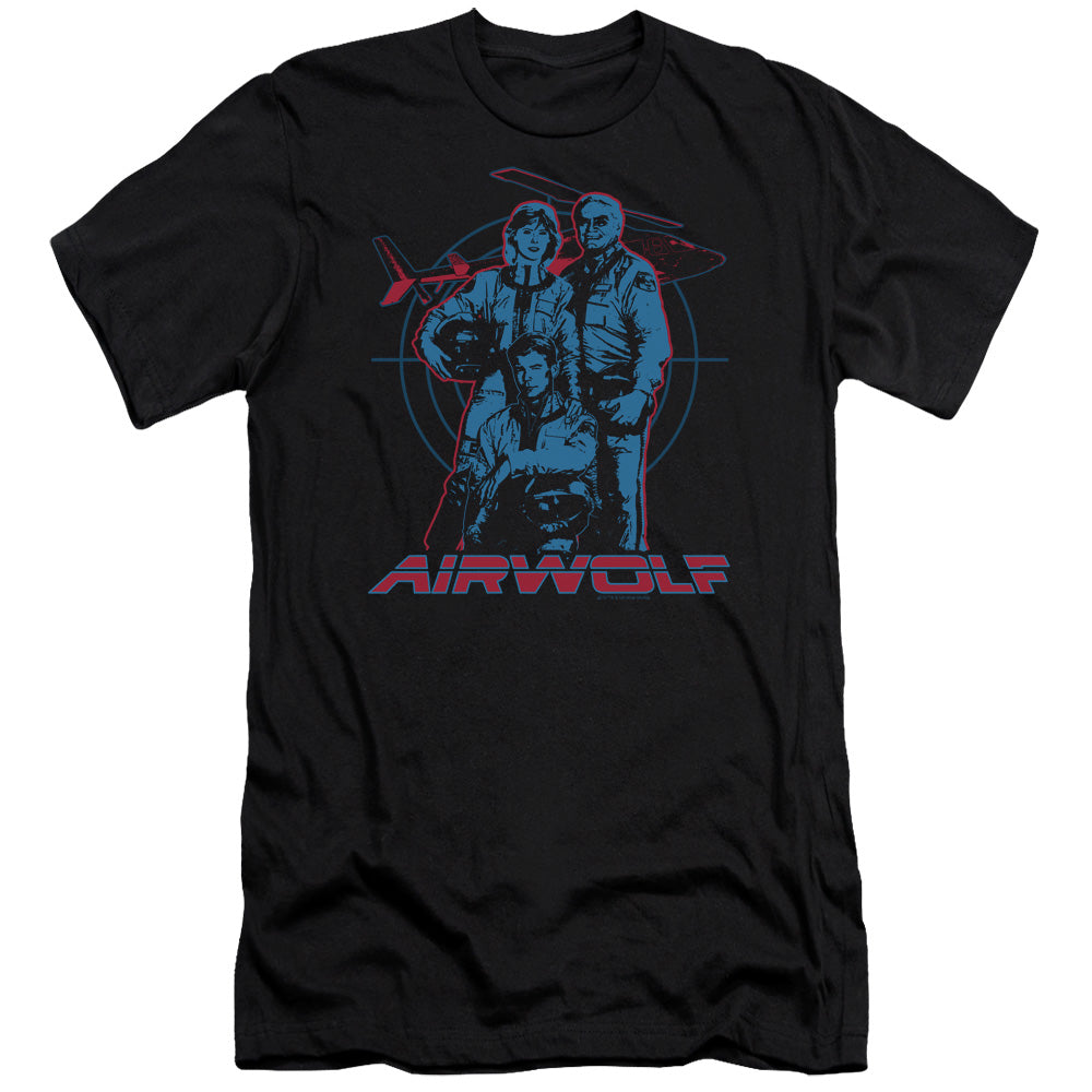 AN OFFCIALLY LICENSED AIRWOLF GRAPHIC MEN'S PREMIUM SLIM FIT T-SHIRT BLACK