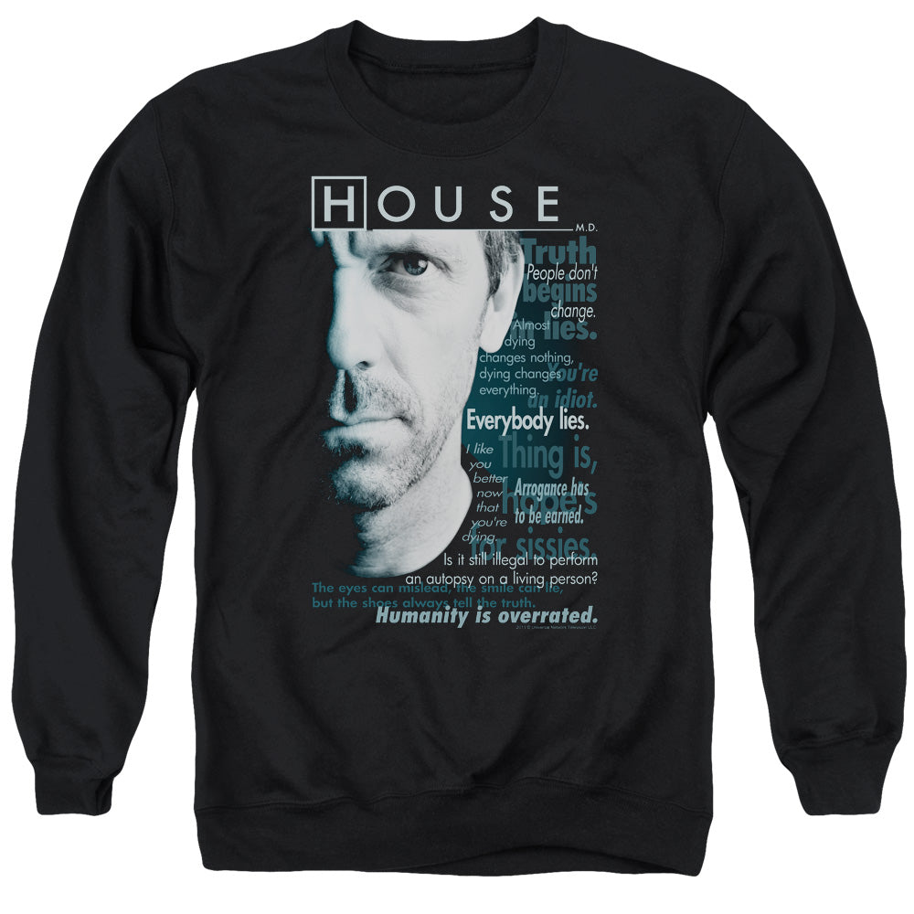 AN OFFCIALLY LICENSED HOUSE HOUSEISMS ADULT UNISEX CREWNECK SWEATSHIRT BLACK