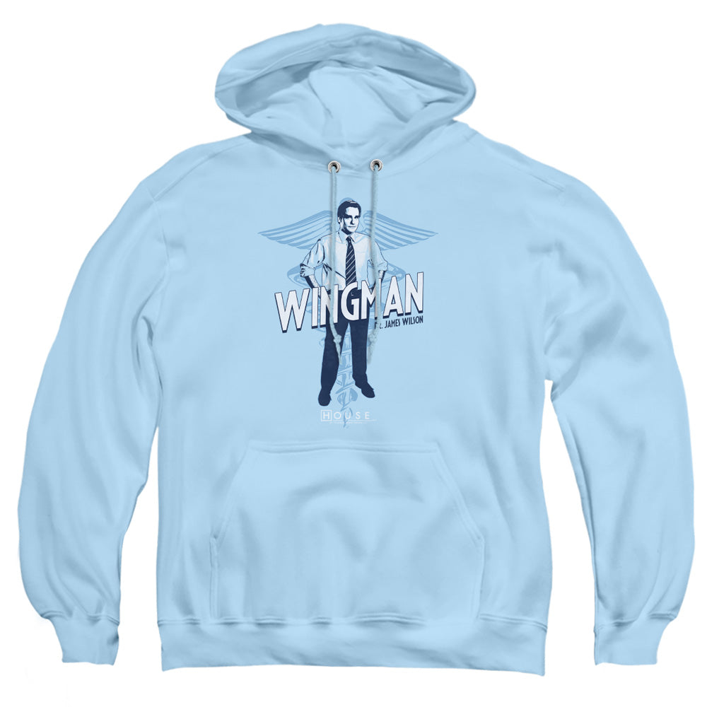 AN OFFCIALLY LICENSED HOUSE WINGMAN ADULT UNISEX PULLOVER HOODIE LIGHT BLUE