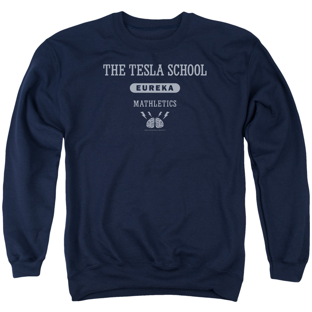AN OFFCIALLY LICENSED EUREKA TESLA SCHOOL ADULT UNISEX CREWNECK SWEATSHIRT NAVY