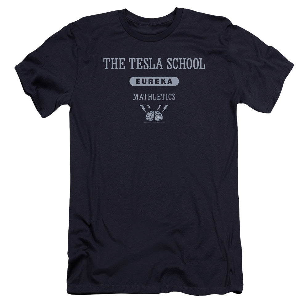 AN OFFCIALLY LICENSED EUREKA TESLA SCHOOL MEN'S PREMIUM SLIM FIT T-SHIRT NAVY