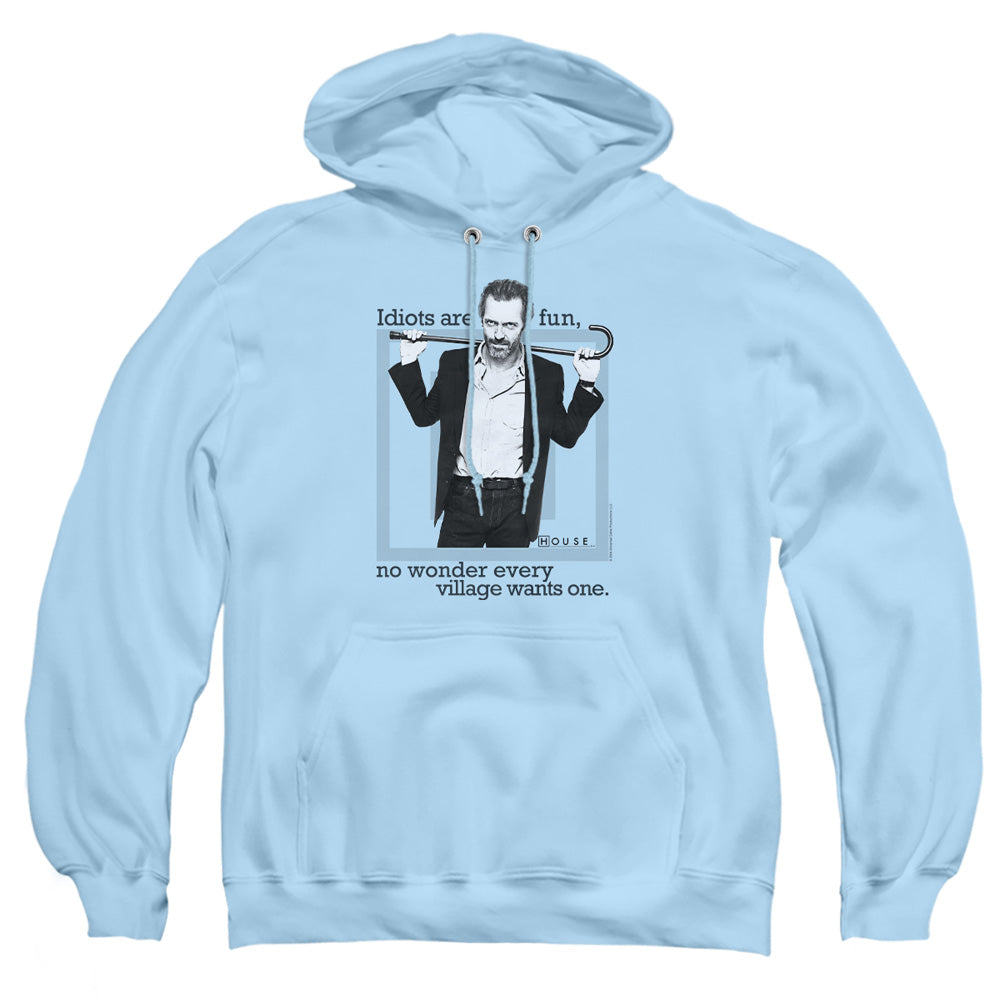 AN OFFCIALLY LICENSED HOUSE IDIOTS ARE FUN ADULT UNISEX PULLOVER HOODIE LIGHT BLUE