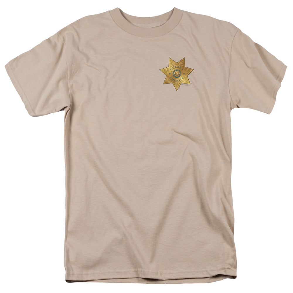 AN OFFCIALLY LICENSED EUREKA BADGE MEN'S REGULAR FIT T-SHIRT SAND