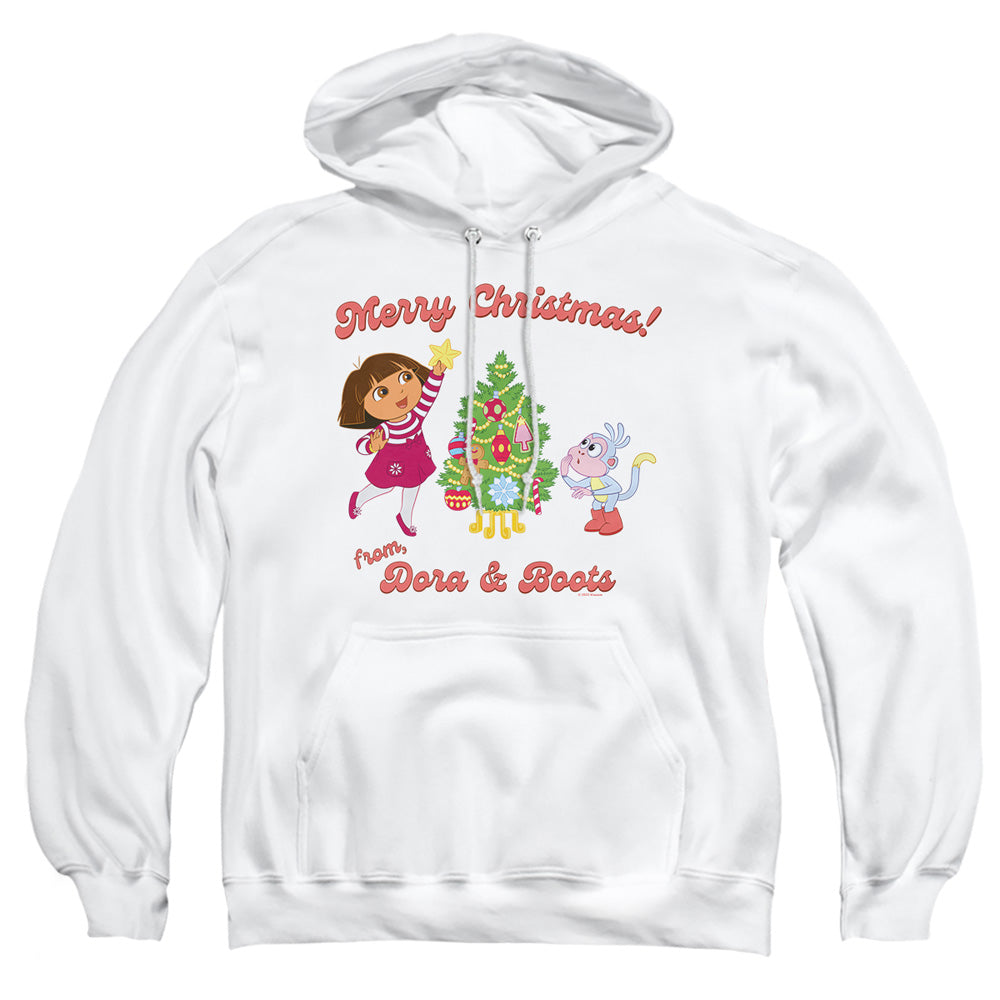 AN OFFCIALLY LICENSED DORA THE EXPLORER HAPPY HOLIDAYS FROM DORA AND BOOTS ADULT UNISEX PULLOVER HOODIE WHITE