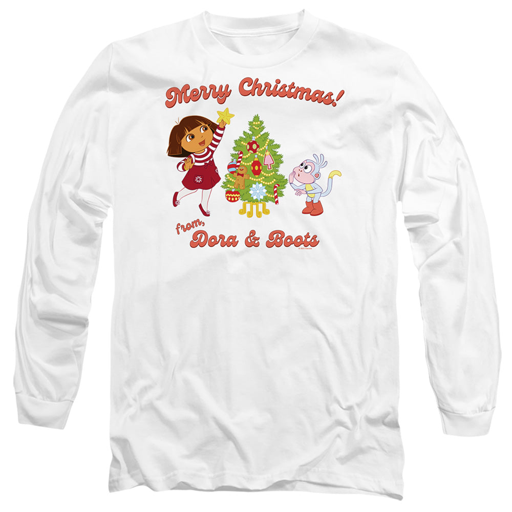 AN OFFCIALLY LICENSED DORA THE EXPLORER HAPPY HOLIDAYS FROM DORA AND BOOTS MEN'S LONG SLEEVE T-SHIRT WHITE