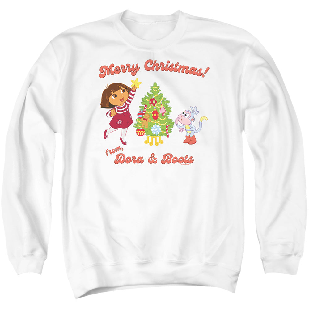 AN OFFCIALLY LICENSED DORA THE EXPLORER HAPPY HOLIDAYS FROM DORA AND BOOTS ADULT UNISEX CREWNECK SWEATSHIRT WHITE