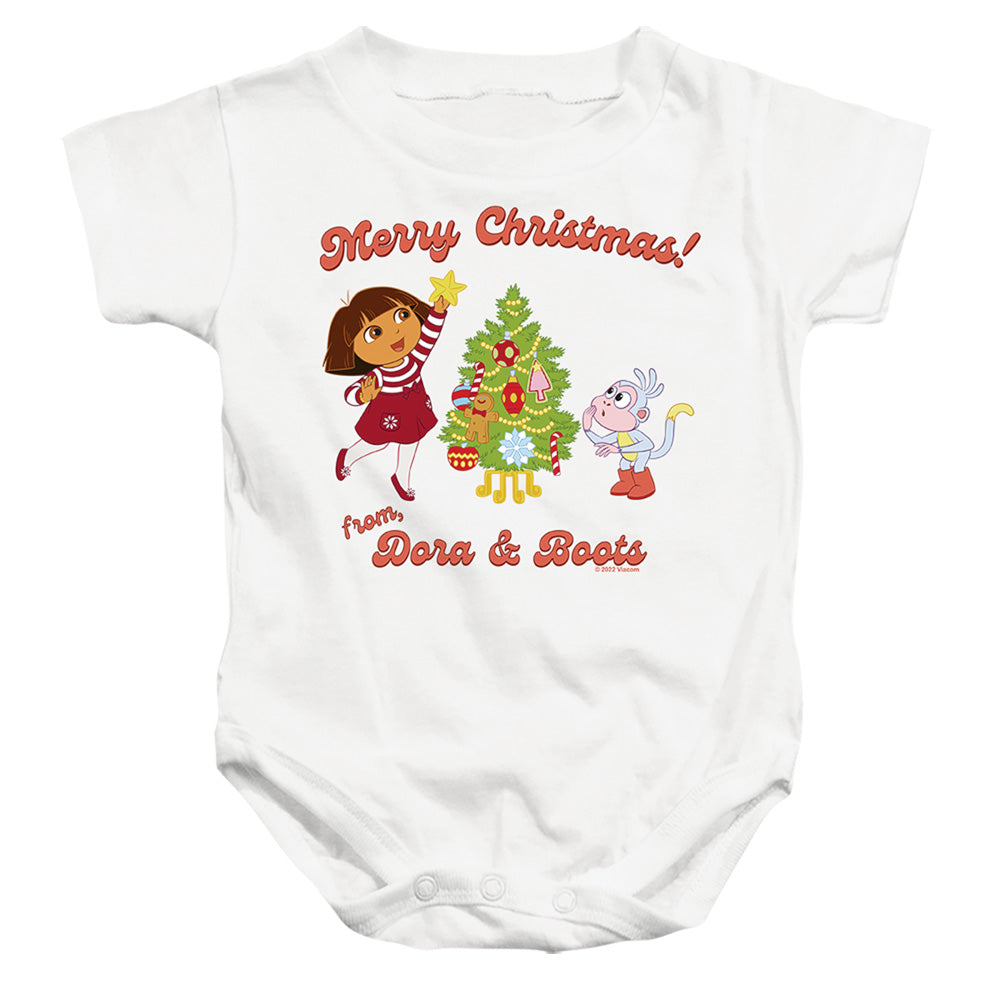 AN OFFCIALLY LICENSED DORA THE EXPLORER HAPPY HOLIDAYS FROM DORA AND BOOTS BABY BODYSUIT WHITE