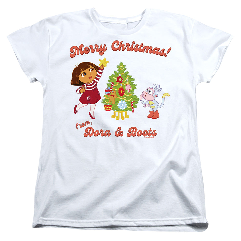 AN OFFCIALLY LICENSED DORA THE EXPLORER HAPPY HOLIDAYS FROM DORA AND BOOTS WOMEN'S REGULAR FIT T-SHIRT WHITE