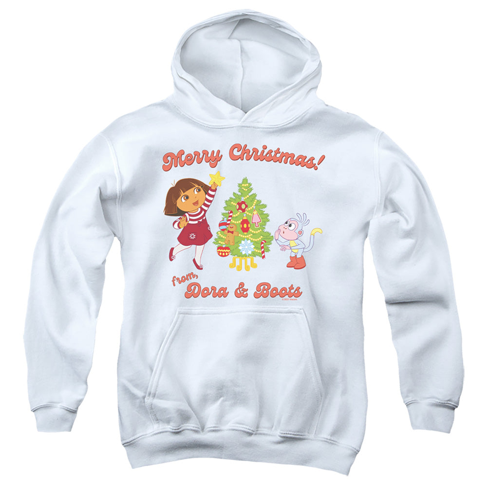 AN OFFCIALLY LICENSED DORA THE EXPLORER HAPPY HOLIDAYS FROM DORA AND BOOTS YOUTH HOODIE WHITE