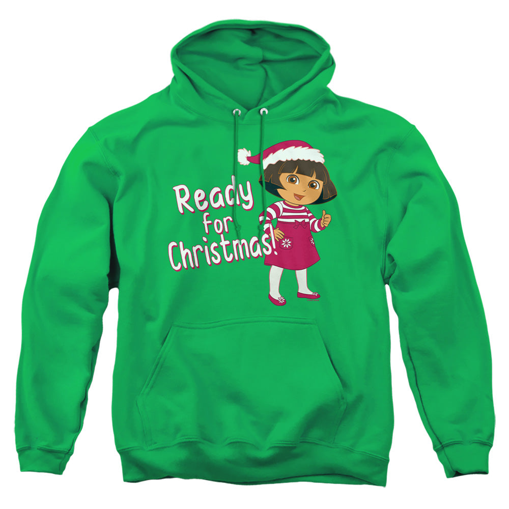 AN OFFCIALLY LICENSED DORA THE EXPLORER DORA READY FOR THE HOLIDAYS ADULT UNISEX PULLOVER HOODIE KELLY GREEN