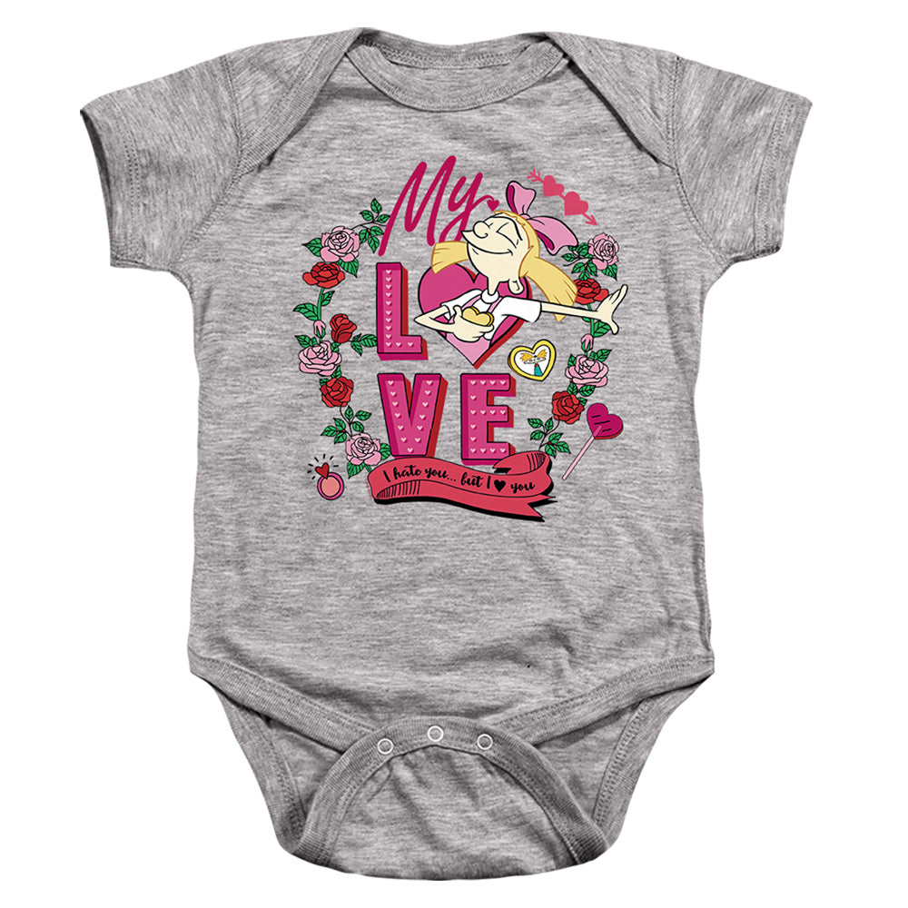 AN OFFCIALLY LICENSED HEY ARNOLD VALENTINE'S DAY HELGA, I HATE YOU, BUT LOVE YOU BABY BODYSUIT ATHLETIC HEATHER