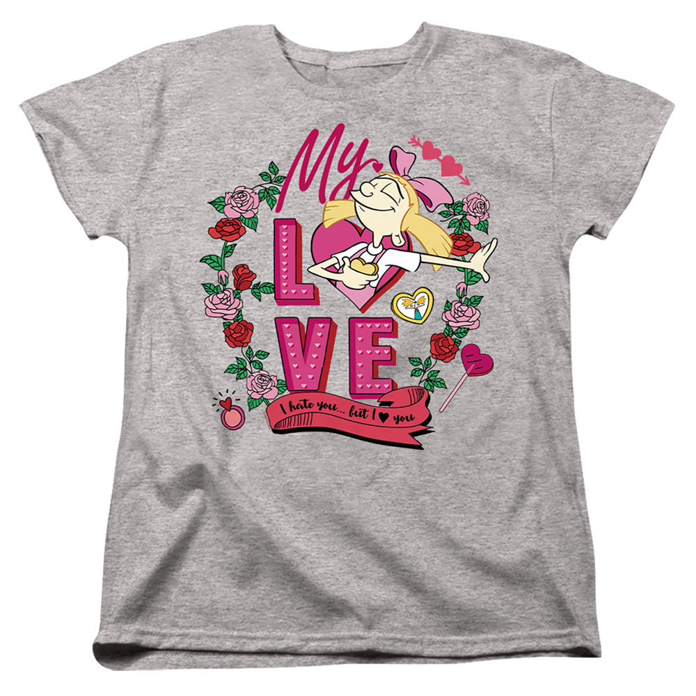 AN OFFCIALLY LICENSED HEY ARNOLD VALENTINE'S DAY HELGA, I HATE YOU, BUT LOVE YOU WOMEN'S REGULAR FIT T-SHIRT ATHLETIC HEATHER
