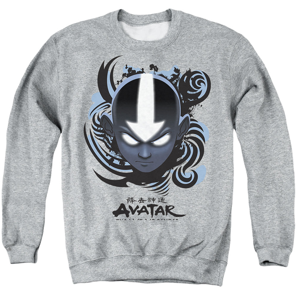 AN OFFCIALLY LICENSED AVATAR THE LAST AIRBENDER AIRBENDER BLUE AND BLACK KANJI ADULT UNISEX CREWNECK SWEATSHIRT ATHLETIC HEATHER