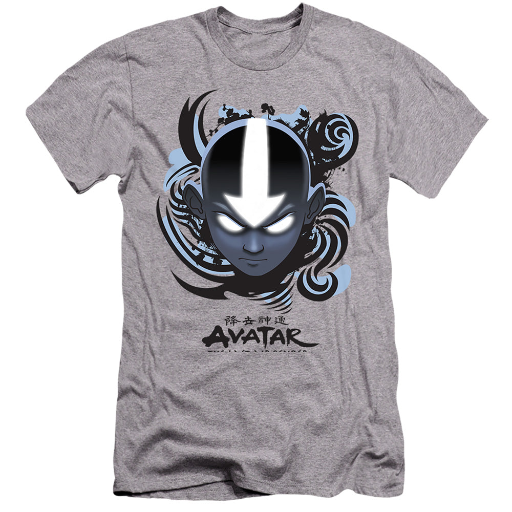 AN OFFCIALLY LICENSED AVATAR THE LAST AIRBENDER AIRBENDER BLUE AND BLACK KANJI MEN'S PREMIUM SLIM FIT T-SHIRT ATHLETIC HEATHER