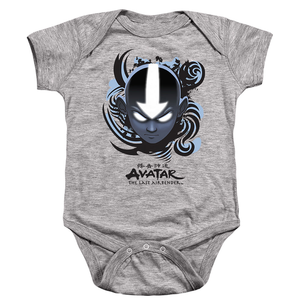 AN OFFCIALLY LICENSED AVATAR THE LAST AIRBENDER AIRBENDER BLUE AND BLACK KANJI BABY BODYSUIT ATHLETIC HEATHER