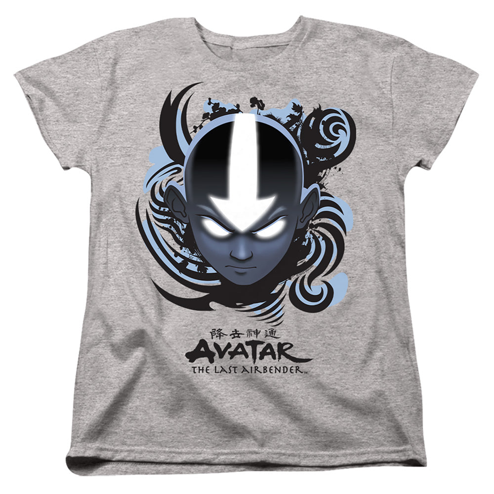 AN OFFCIALLY LICENSED AVATAR THE LAST AIRBENDER AIRBENDER BLUE AND BLACK KANJI WOMEN'S REGULAR FIT T-SHIRT ATHLETIC HEATHER