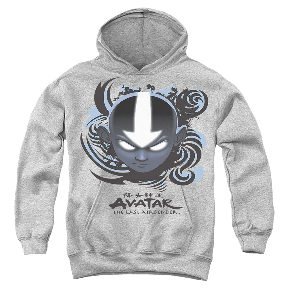AN OFFCIALLY LICENSED AVATAR THE LAST AIRBENDER AIRBENDER BLUE AND BLACK KANJI YOUTH HOODIE ATHLETIC HEATHER