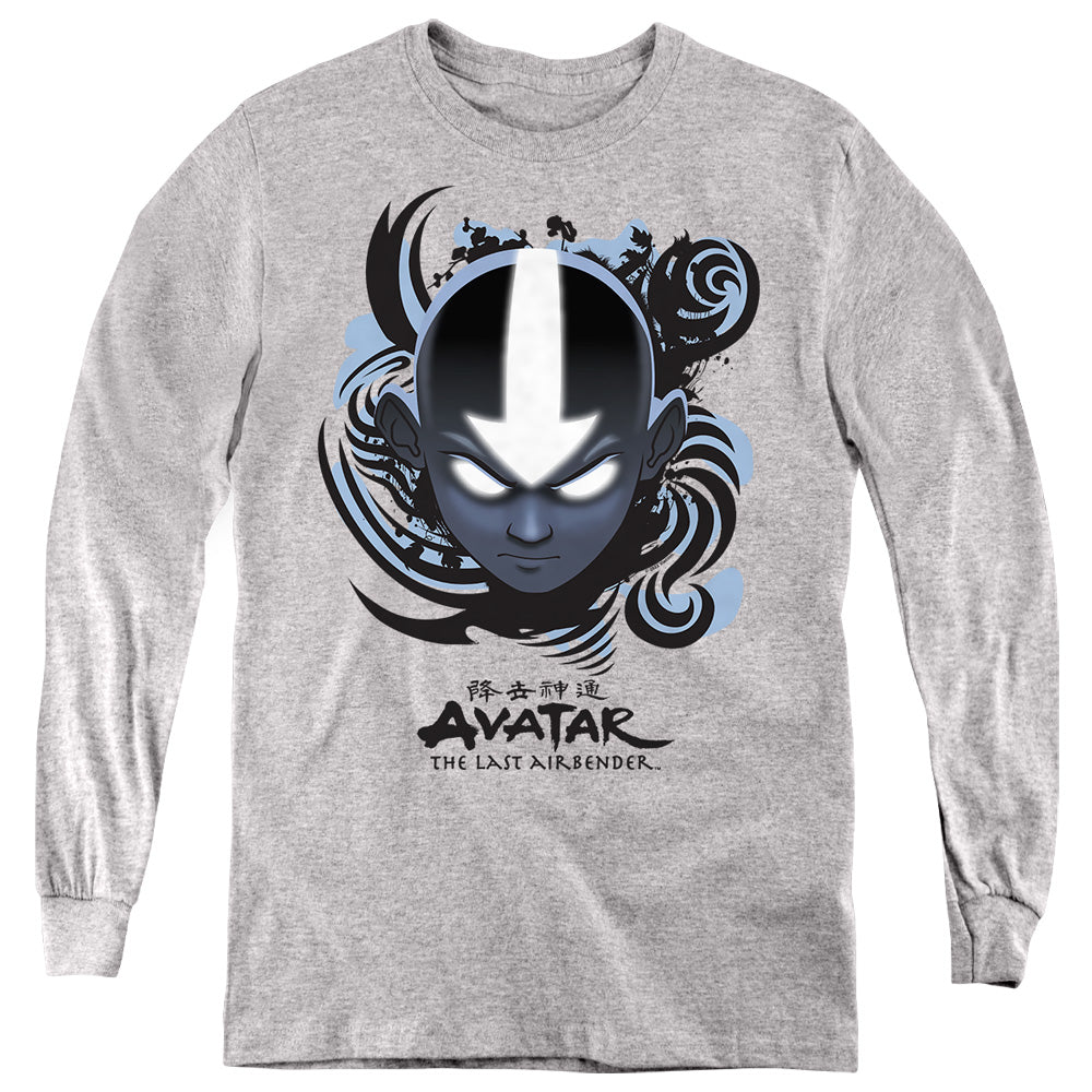 AN OFFCIALLY LICENSED AVATAR THE LAST AIRBENDER AIRBENDER BLUE AND BLACK KANJI YOUTH LONG SLEEVE T-SHIRT ATHLETIC HEATHER