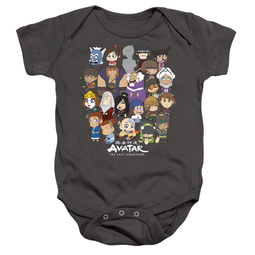 AN OFFCIALLY LICENSED AVATAR THE LAST AIRBENDER CHIBI GROUP BABY BODYSUIT CHARCOAL