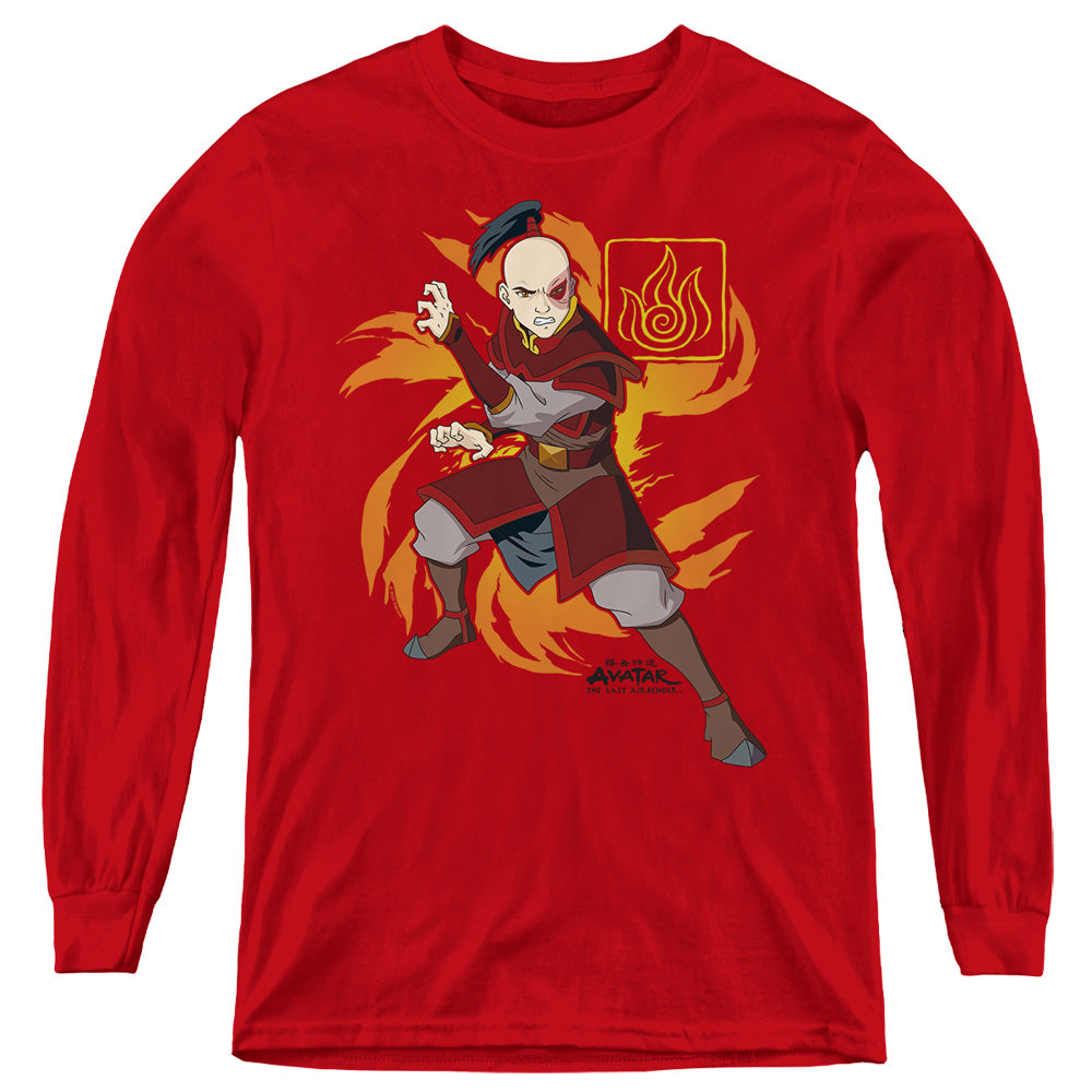AN OFFCIALLY LICENSED AVATAR THE LAST AIRBENDER ZUKO FLAME BURST YOUTH LONG SLEEVE T-SHIRT RED
