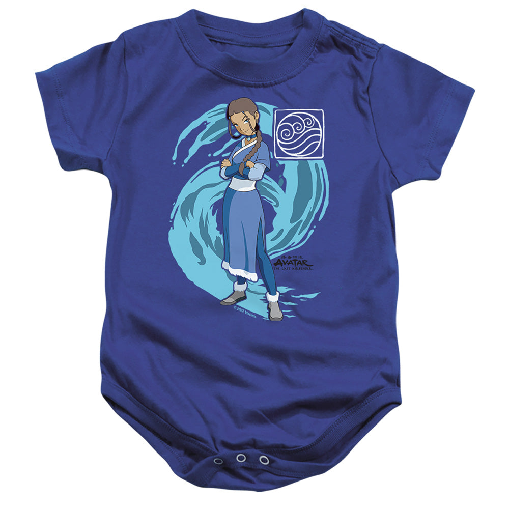 AN OFFCIALLY LICENSED AVATAR THE LAST AIRBENDER KATARA WATER WAVE BABY BODYSUIT ROYAL